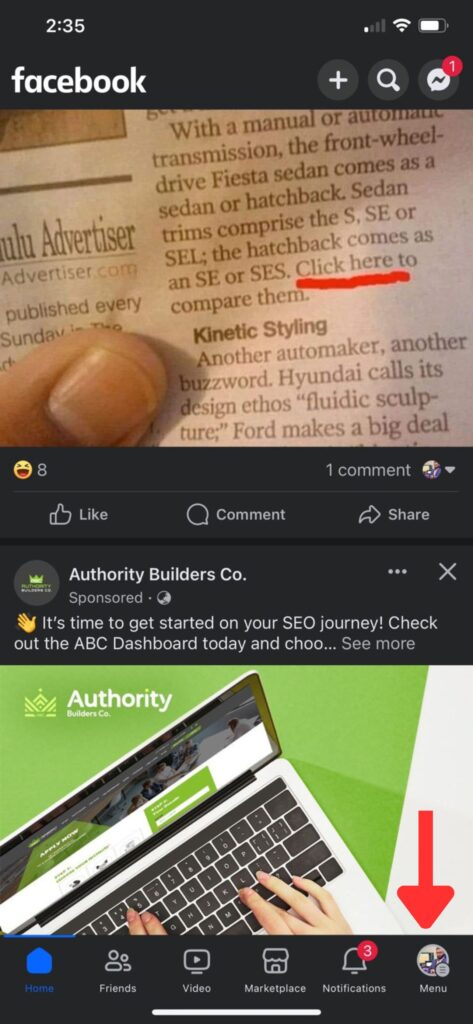 facebook menu settings